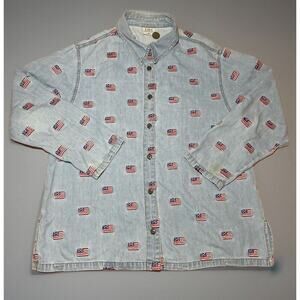 Vintage Denim Shirt Womens XL 90s American‎ Flag Shirt Denim Button Up Patriotic